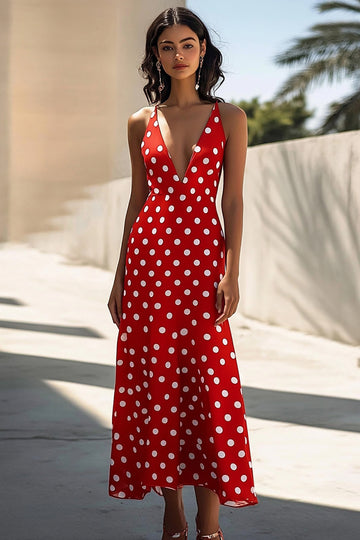 Red A Line Spaghetti Straps Long White Polka Dots Dress